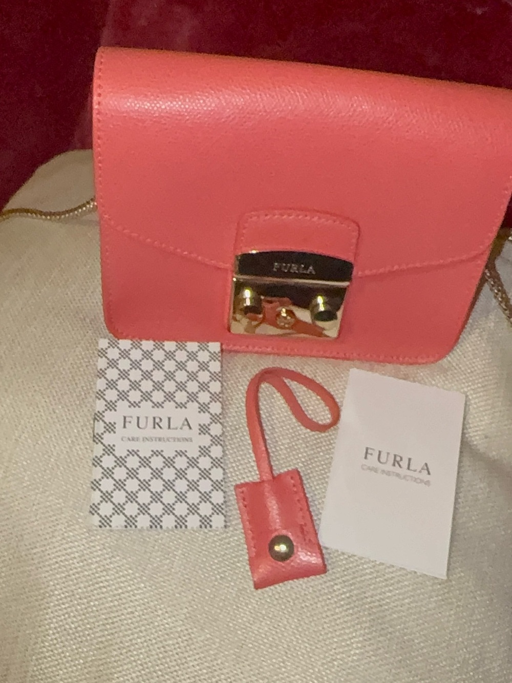 Furla Metropolis Mini Crossbody Coral Pink Saffiano Leather Gold Chain